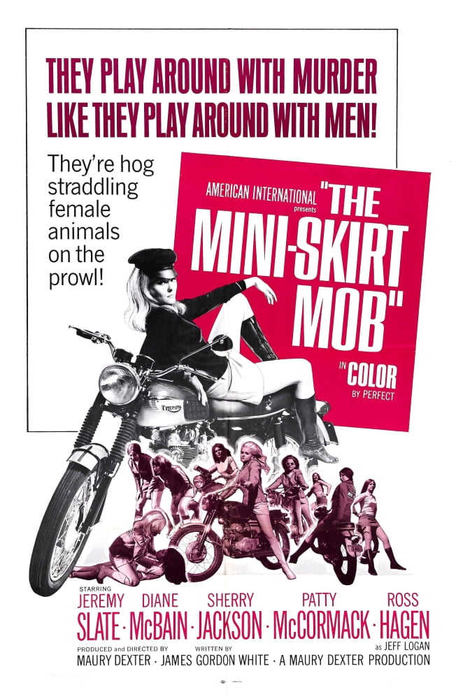 The Mini-Skirt Mob movie poster featuring Diane McBain on motorcycle from 1968.