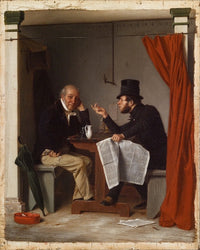 Politics in an Oyster House poster print by Richard Caton Woodville, showcasing a lively scene.