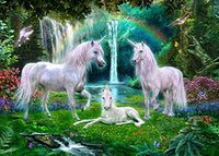 Rainbow Unicorn Family Poster Print by Jan Patrick, featuring a magical unicorn family and colorful rainbow.