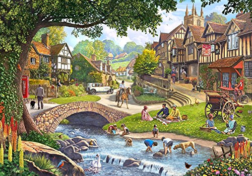 Summer Village Stream Poster Print by Steve Crisp, serene landscape artwork.