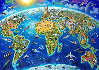 World Landmarks Globe Poster Print by Adrian Chesterman showcasing famous landmarks around the globe.
