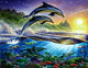 Atlantic Dolphins Poster Print by Adrian Chesterman showcasing playful dolphins in vibrant ocean colors.
