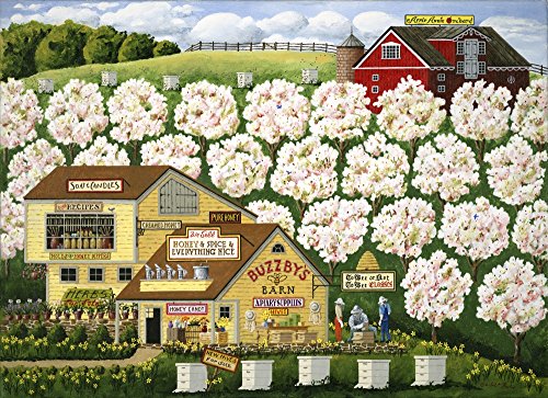 Buzzby's Bee Farm Poster Print by Art Poulin depicting vibrant bees and flowers.