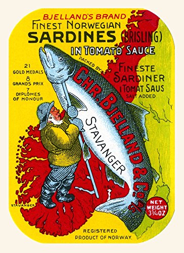 Vintage Norwegian Sardines Poster Print showcasing classic seafood label design.