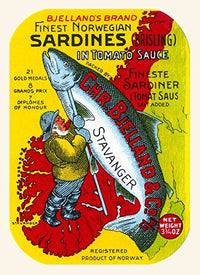 Vintage Norwegian Sardines Poster Print showcasing classic seafood label design.