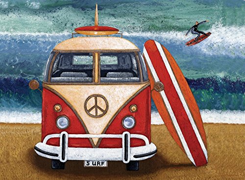 Volkswagen Surfboard Poster Print by Peter Adderley showcasing a classic van and surfboards.