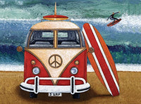 Volkswagen Surfboard Poster Print by Peter Adderley showcasing a classic van and surfboards.