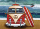 Volkswagen Surfboard Poster Print by Peter Adderley showcasing a classic van and surfboards.