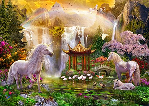 Unicorn Valley of the Waterfalls Poster Print featuring a magical landscape by Jan Patrick.