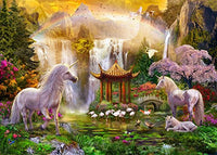 Unicorn Valley of the Waterfalls Poster Print featuring a magical landscape by Jan Patrick.