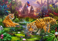 Tigers at the Ancient Stream Poster Print by Jan Patrick depicting serene wildlife.