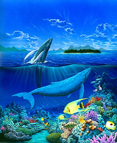 Living Ocean - Whales Poster Print by Robin Koni showcasing majestic whales in vibrant ocean scenery.