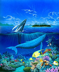 Living Ocean - Whales Poster Print by Robin Koni showcasing majestic whales in vibrant ocean scenery.
