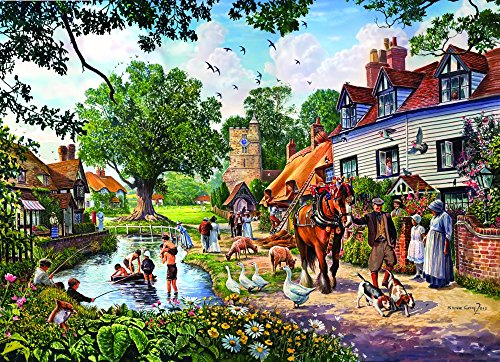 A Village in Summer Poster Print by Steve Crisp showcasing vibrant village scenery.