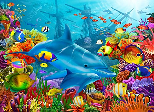 Dolphin's Shipwreck poster print by Gerald Newton capturing dolphins underwater.