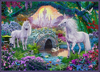 Magical Unicorn Kingdom Poster Print featuring whimsical unicorns and fantasy landscapes.