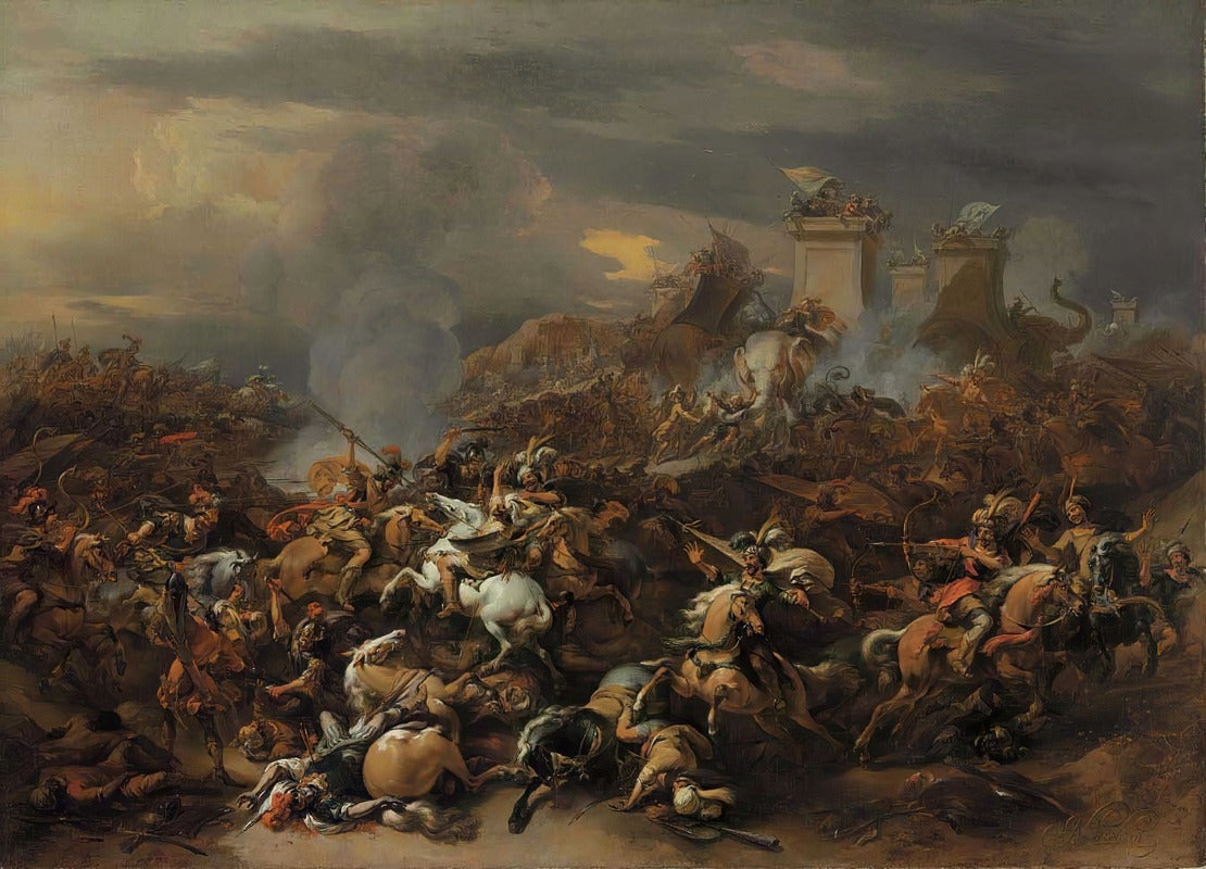 Poster print of the battle between Alexander and Porus by Nicolaes Pietersz. Berchem