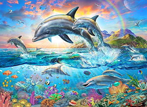 Dolphin Family Poster Print by Adrian Chesterman, depicting dolphins swimming in the ocean.