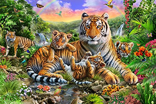 Tiger and Cubs Poster Print by Adrian Chesterman featuring vibrant colors and playful cubs.