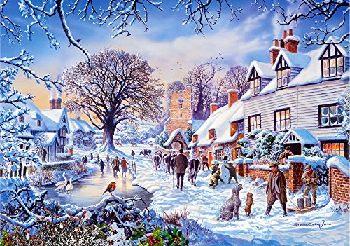 A Village in Winter Poster Print by Steve Crisp, showcasing a serene winter landscape.