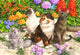 Floral Cats Poster Print by John Francis featuring vibrant colors and whimsical design.