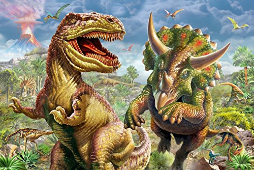 T-Rex and Triceratops Poster Print by Adrian Chesterman, vibrant dinosaur illustration.