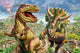 T-Rex and Triceratops Poster Print by Adrian Chesterman, vibrant dinosaur illustration.