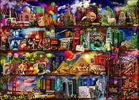 World Travel Book Shelf Poster Print by Aimee Stewart - vibrant artwork featuring travel books.