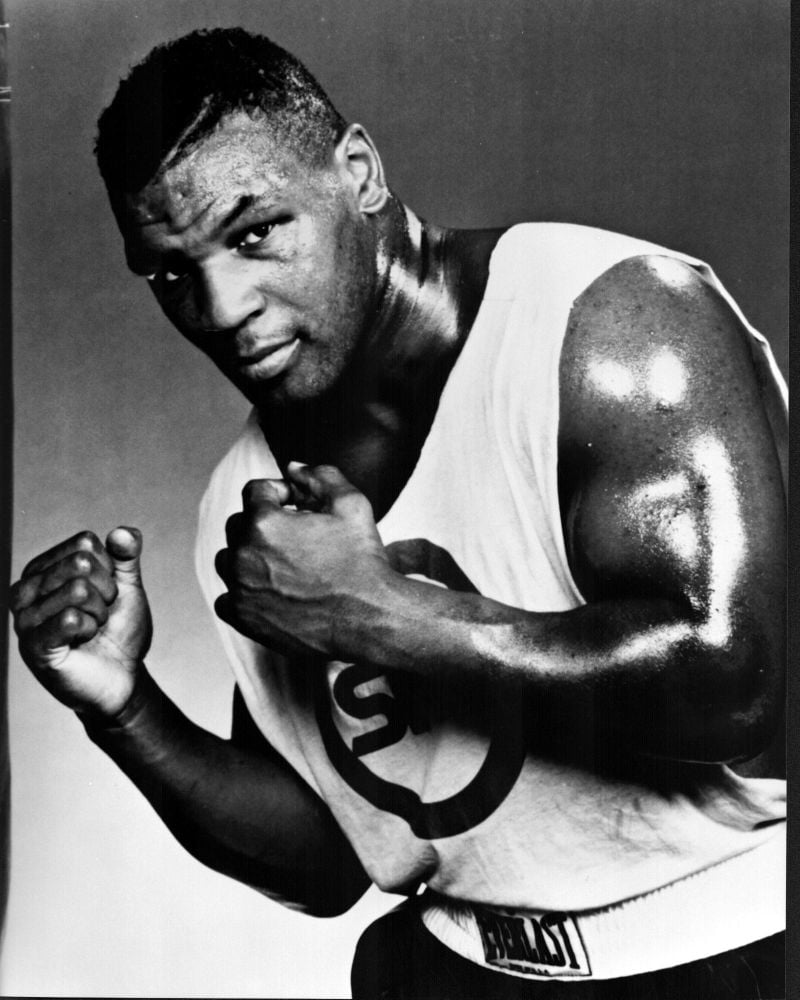 Black and white photo print of Mike Tyson posed with fists up