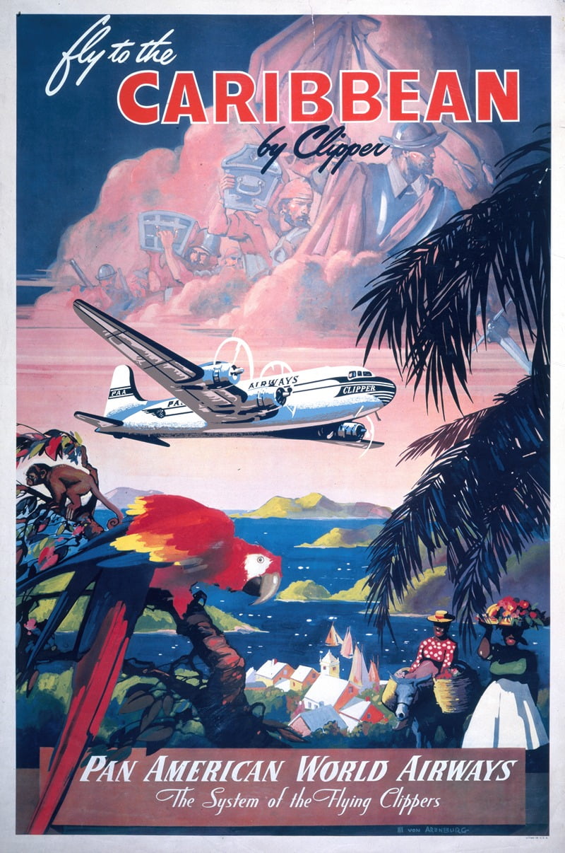 Fly to the Caribbean vintage travel poster print by Mark Von Arenburg