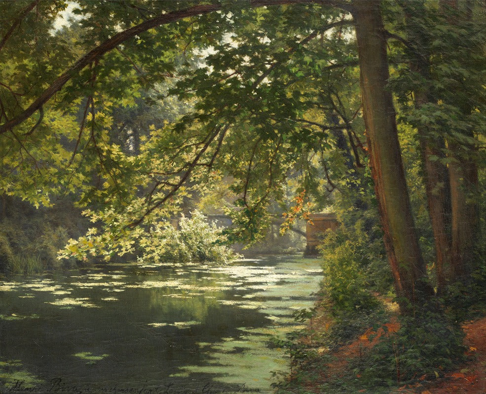 Sunlit Woodland River fine art print by Henri Biva, showcasing a tranquil river in a sunlit forest.