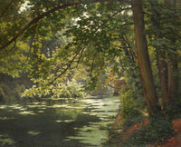 Sunlit Woodland River fine art print by Henri Biva, showcasing a tranquil river in a sunlit forest.