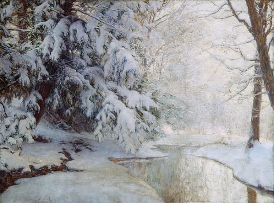 Silent Dawn poster print by Walter Launt Palmer showcasing serene nature landscape.