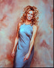 Farrah Fawcett smiling in gray dress photo print