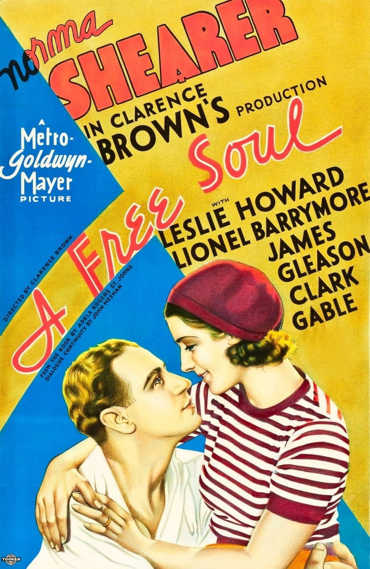 A Free Soul movie poster print featuring Leslie Howard and Norma Shearer, 1931 classic film