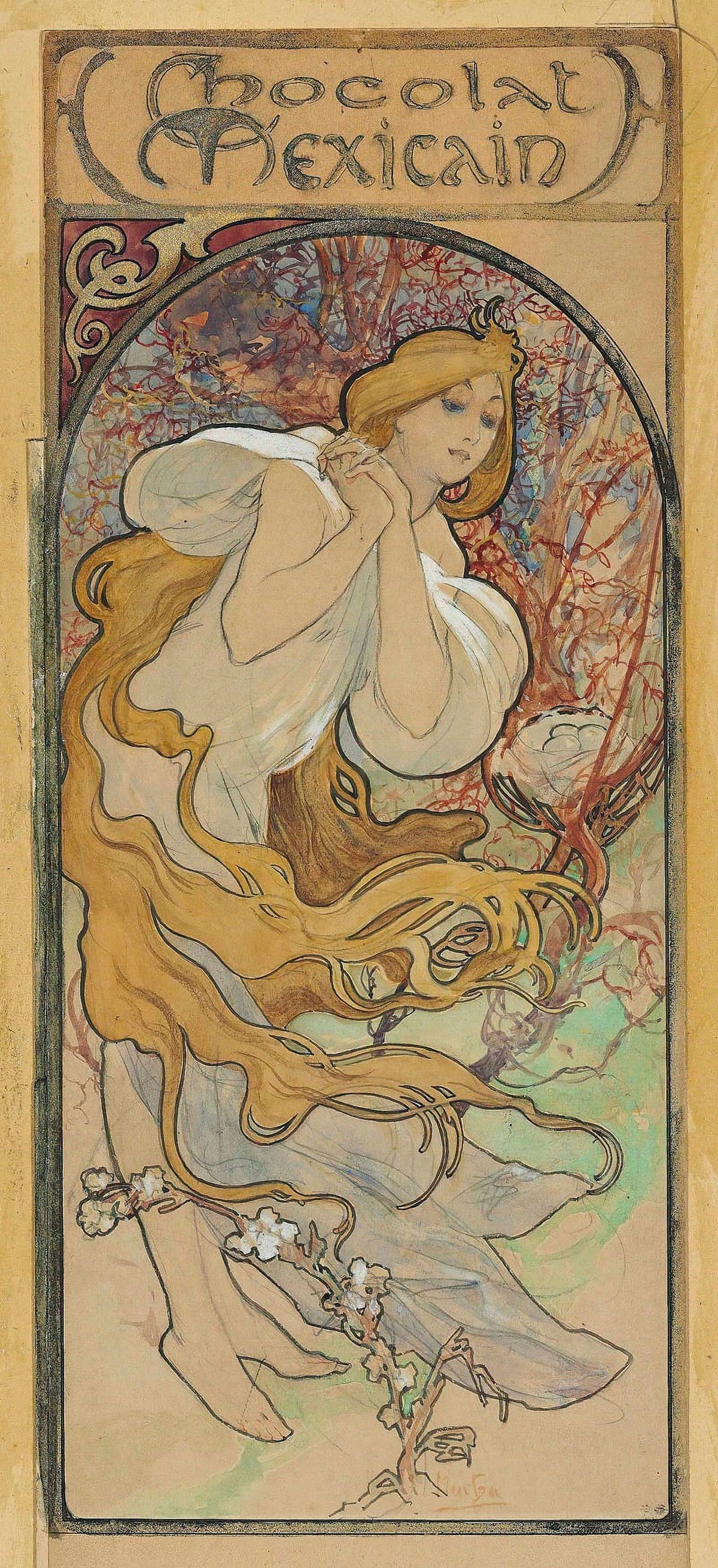 Chocolat Mexicain art print by Alphonse Mucha featuring intricate Art Nouveau design.