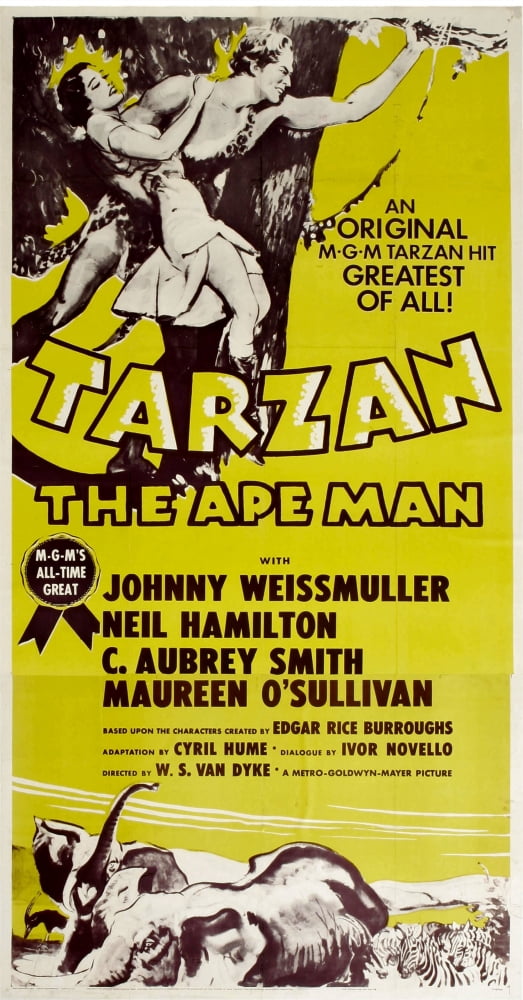 Tarzan The Ape Man movie poster print featuring Maureen O'Sullivan and Johnny Weissmuller from the classic 1932 film.