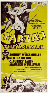Tarzan The Ape Man movie poster print featuring Maureen O'Sullivan and Johnny Weissmuller from the classic 1932 film.