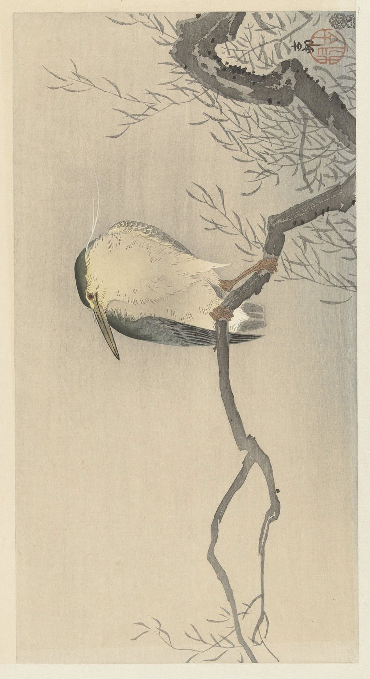 Quack on Whimsical Branch fine art print by Ohara Koson, featuring a playful duck on a branch.