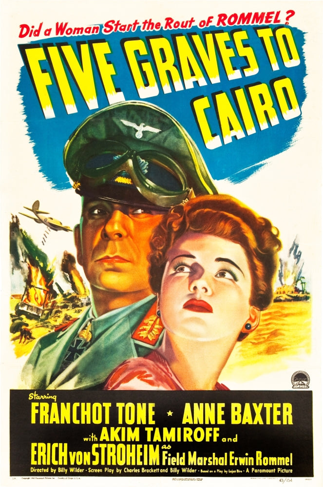 Five Graves to Cairo movie poster featuring Erich Von Stroheim and Anne Baxter, 1943 film.