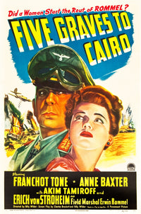 Five Graves to Cairo movie poster featuring Erich Von Stroheim and Anne Baxter, 1943 film.
