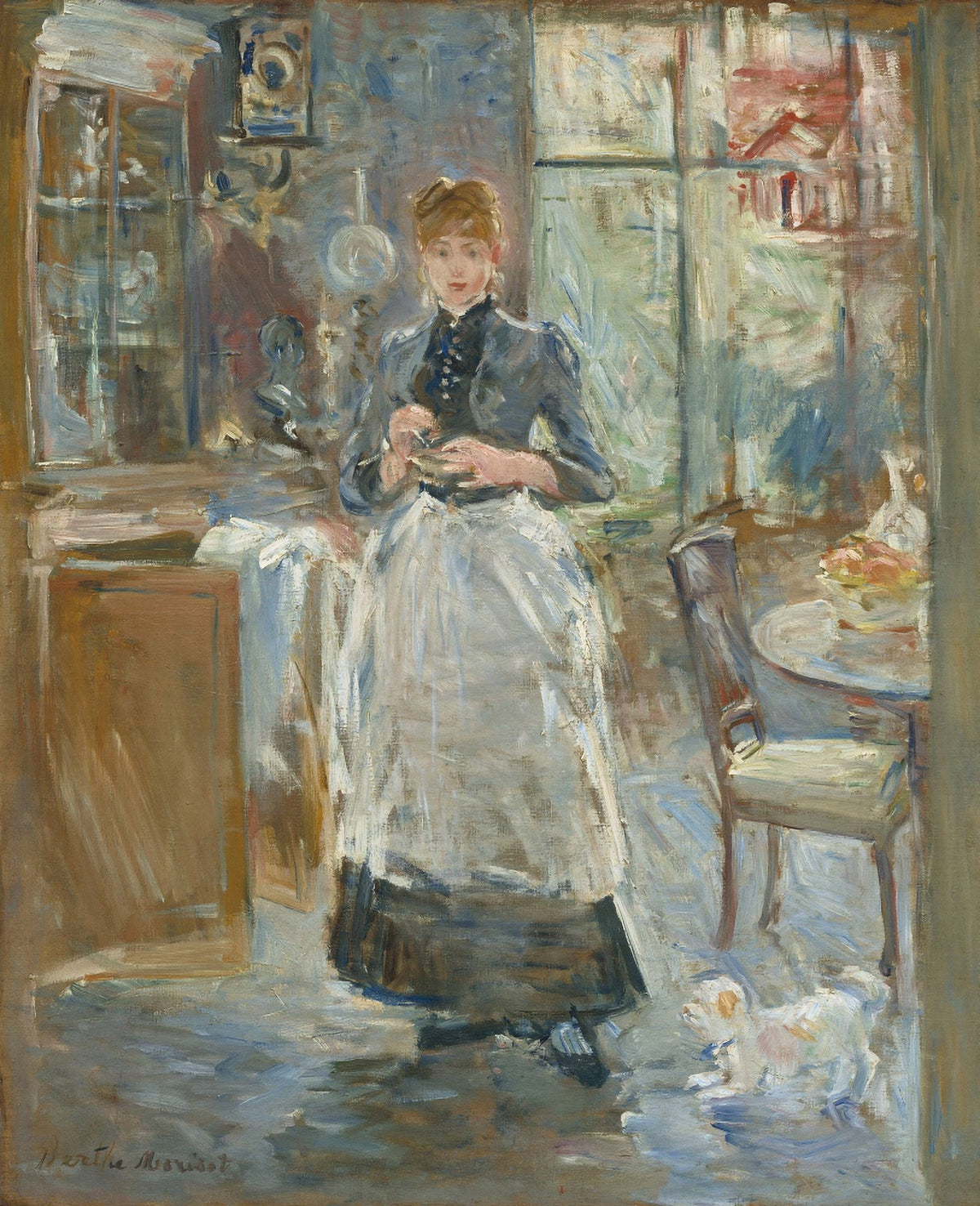 In The Dining Room art print by Berthe Morisot showcasing a light-filled interior with bold brushwork.