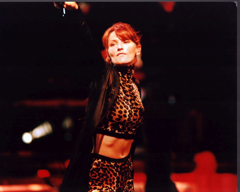 Shania Twain performing on stage in an animal print outfit photo print