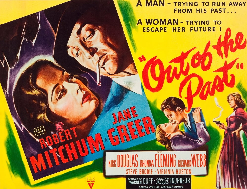 Out Of The Past movie masterprint poster featuring Jane Greer and Robert Mitchum, classic film noir artwork.