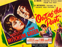 Out Of The Past movie masterprint poster featuring Jane Greer and Robert Mitchum, classic film noir artwork.
