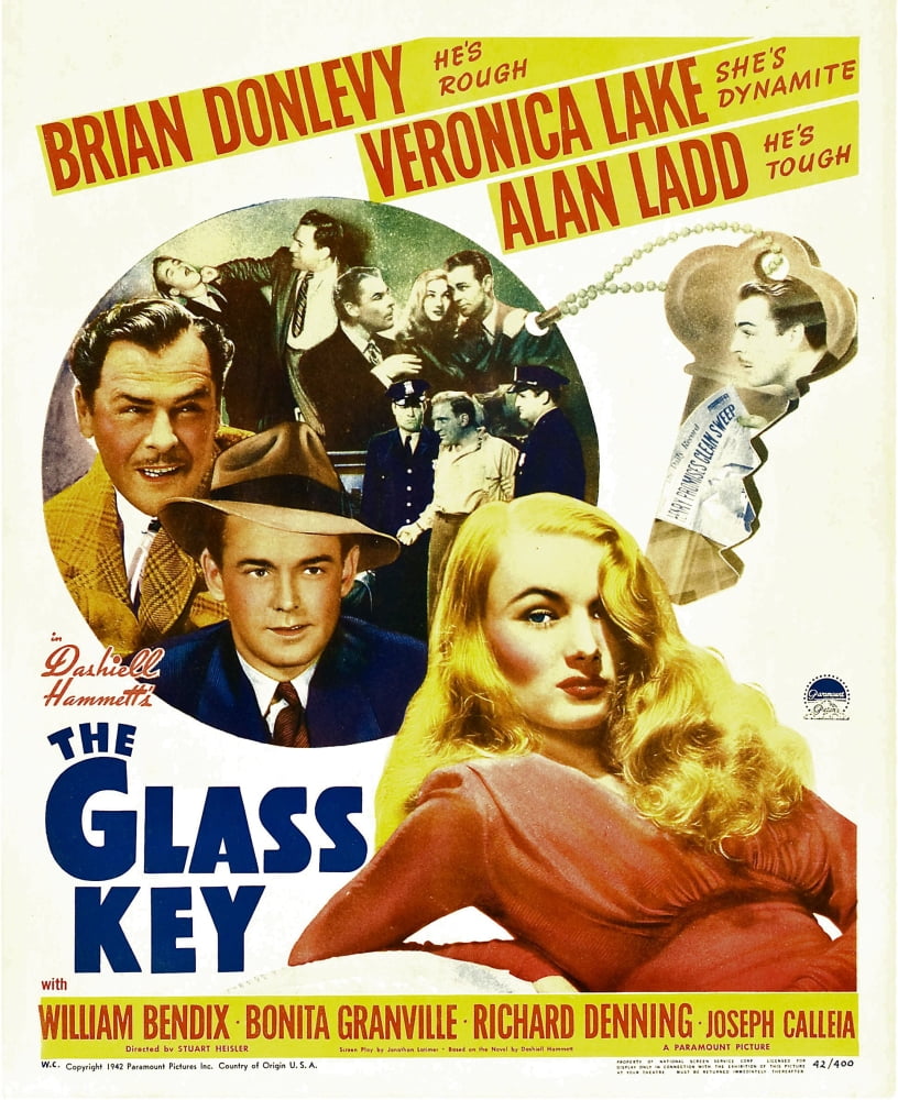 The Glass Key Movie Poster Print featuring Brian Donlevy, Alan Ladd, William Bendix, and Veronica Lake, 1942.