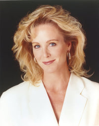 Close-up portrait photo print of Joanna Kerns in a white coat dress.