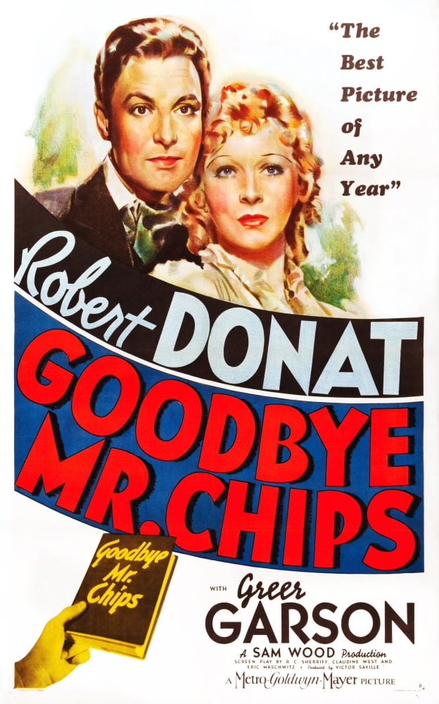 Goodbye Mr. Chips movie masterprint poster featuring Robert Donat and Greer Garson, 1939 classic film.