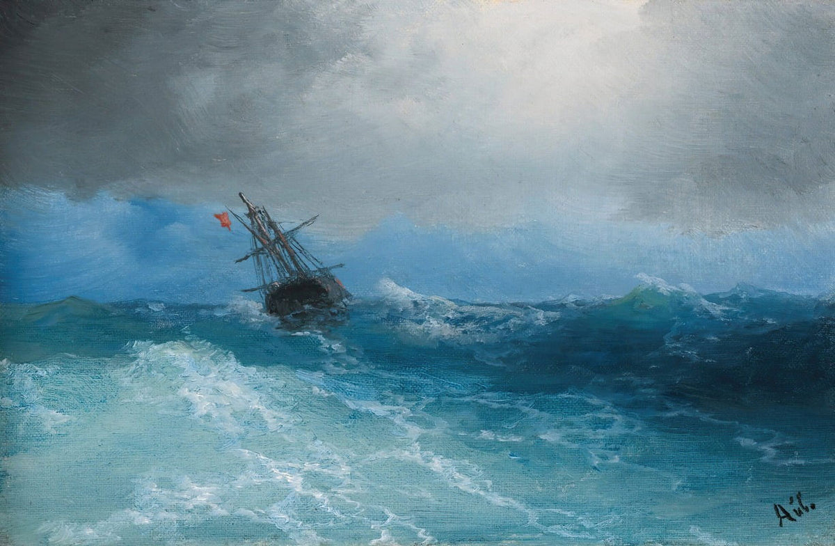 Gathering Storm poster print by Ivan Aivazovsky showcasing turbulent seas and dramatic skies.