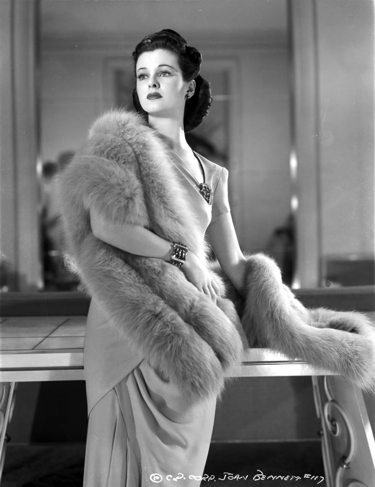 Joan Bennett portrait photo print in a furry shawl, elegant vintage style.